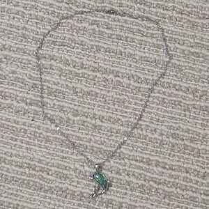 VTG SILVER TONE GREEN ABALONE INLAY DOLPHIN PENDANT NECKLACE OCEAN BEACH SEA